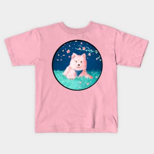 Samoyed Puppy sitting under cherry blossoms Kids T-Shirt